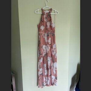 Halter neck maxi dress with white flower print and slit XS Rose/blush